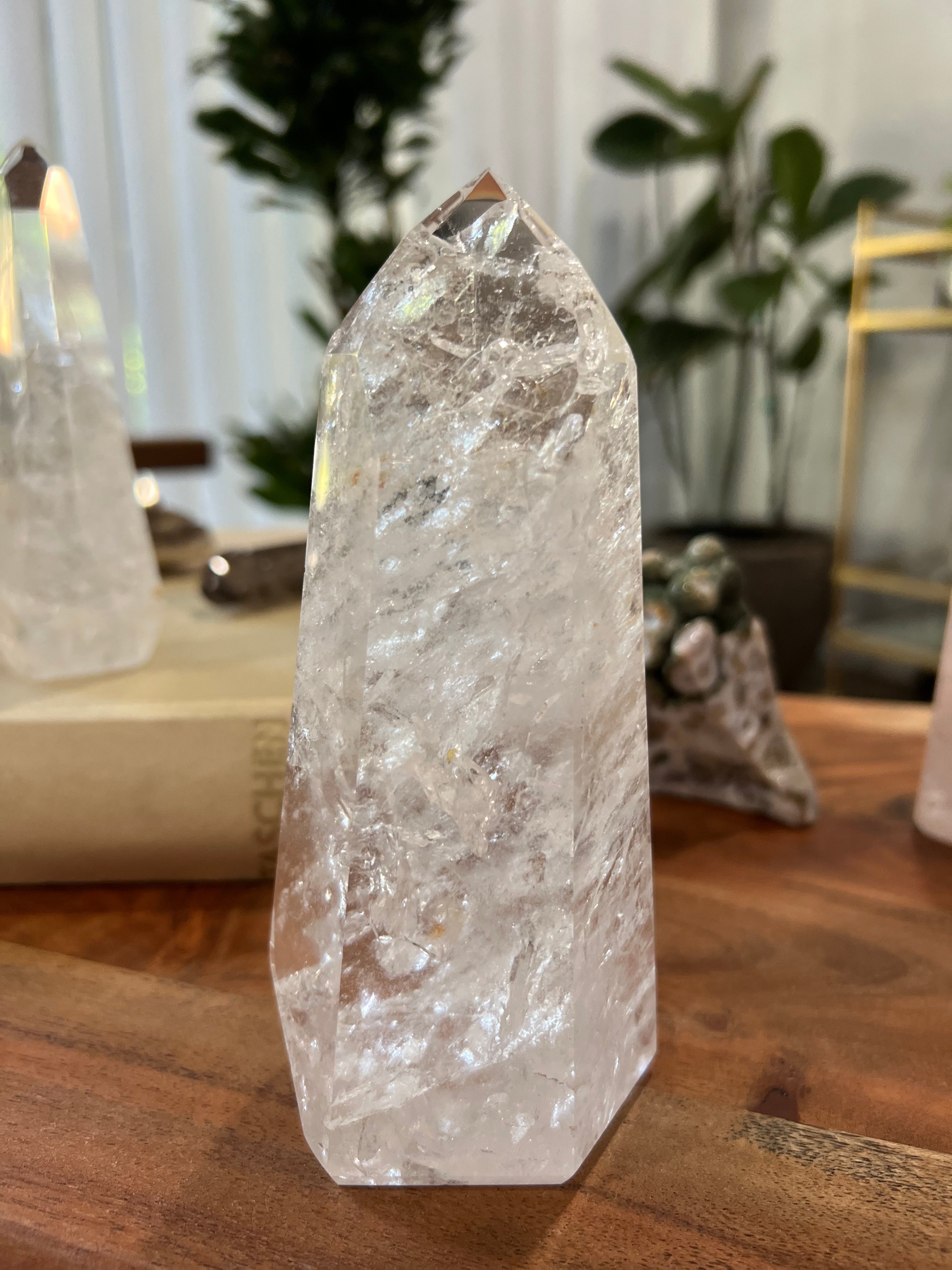 Beautiful Clear Quartz crystal tower with red inclusions and rainbows from Africa, 8.8 outlets oz./250 grams